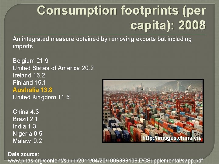 Consumption footprints (per capita): 2008 An integrated measure obtained by removing exports but including