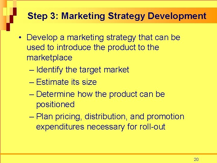 Step 3: Marketing Strategy Development • Develop a marketing strategy that can be used