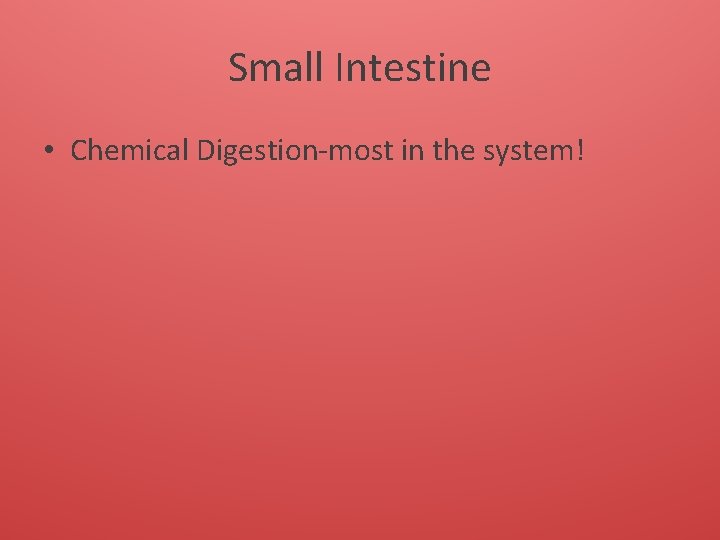 Small Intestine • Chemical Digestion-most in the system! 