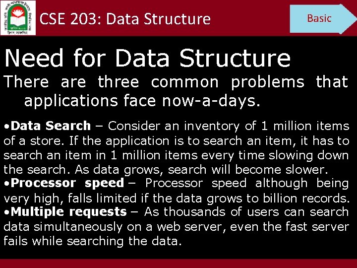 CSE 203: Data Structure Basic Need for Data Structure There are three common problems