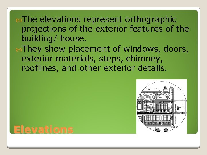  The elevations represent orthographic projections of the exterior features of the building/ house.