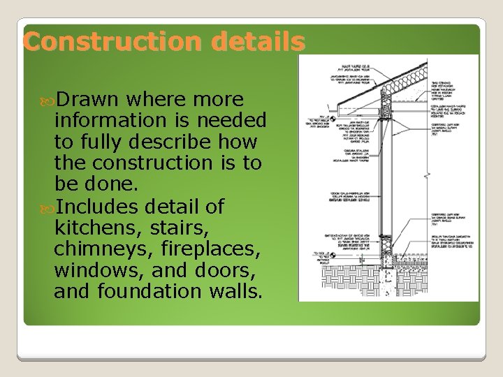 Construction details Drawn where more information is needed to fully describe how the construction