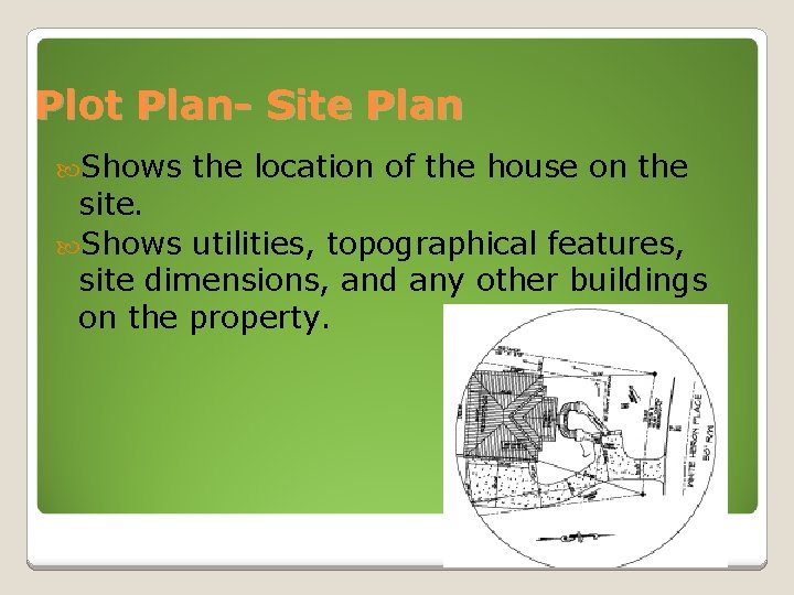 Plot Plan- Site Plan Shows the location of the house on the site. Shows