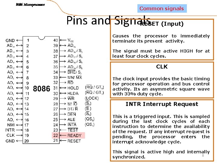 8086 Microprocessor Common signals Pins and Signals RESET (Input) Causes the processor to immediately