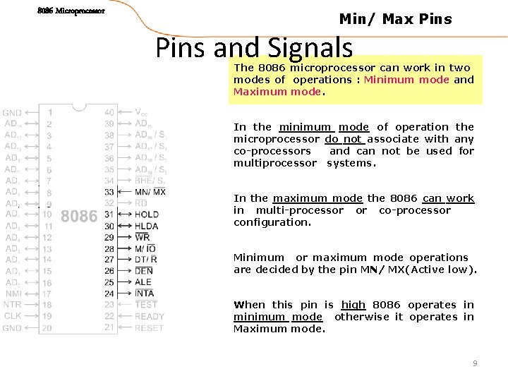 8086 Microprocessor Min/ Max Pins and Signals The 8086 microprocessor can work in two