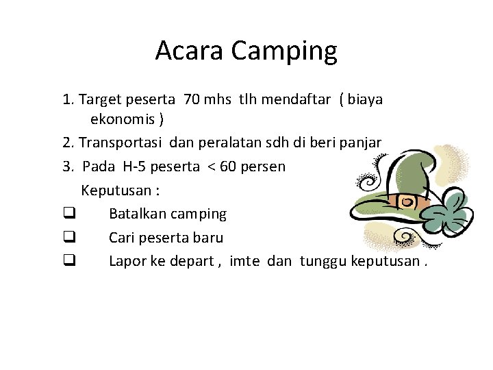 Acara Camping 1. Target peserta 70 mhs tlh mendaftar ( biaya ekonomis ) 2.