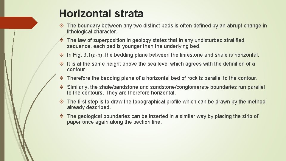 Horizontal strata The boundary between any two distinct beds is often defined by an