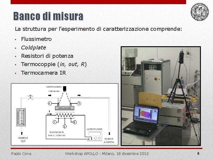 Banco di misura La struttura per l’esperimento di caratterizzazione comprende: • Flussimetro • Coldplate