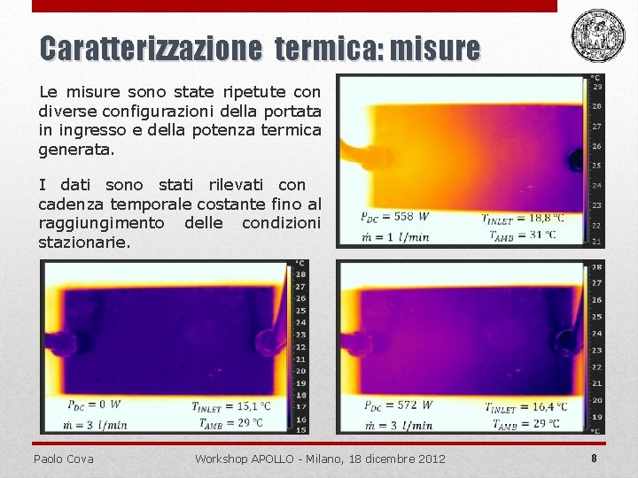 Caratterizzazione termica: misure Le misure sono state ripetute con diverse configurazioni della portata in