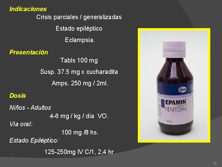 Indicaciones Crisis parciales / generalizadas Estado epiléptico Eclampsia. Presentación Tabls 100 mg Susp. 37.