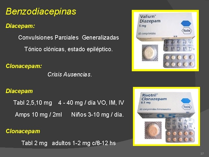 Benzodiacepinas Diacepam: Convulsiones Parciales Generalizadas Tónico clónicas, estado epiléptico. Clonacepam: Crisis Ausencias. Diacepam Tabl