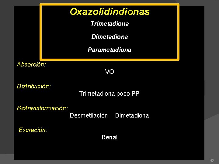 Oxazolidindionas Trimetadiona Dimetadiona Parametadiona Absorción: VO Distribución: Trimetadiona poco PP Biotransformación: Desmetilación - Dimetadiona