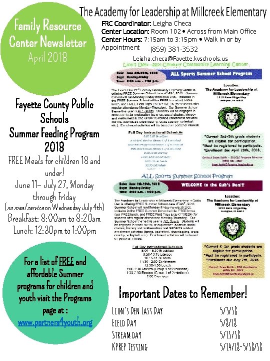 Family Resource Center Newsletter April 2018 FRC Coordinator: Leigha Checa Center Location: Room 102
