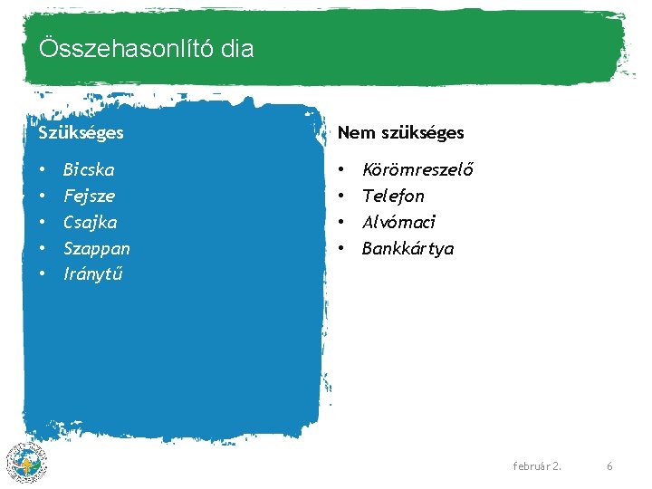 Összehasonlító dia Szükséges • • • Bicska Fejsze Csajka Szappan Iránytű Nem szükséges •