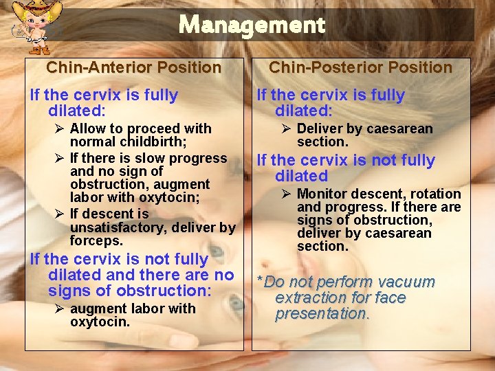 Management Chin-Anterior Position If the cervix is fully dilated: Ø Allow to proceed with Management Chin-Anterior Position If the cervix is fully dilated: Ø Allow to proceed with