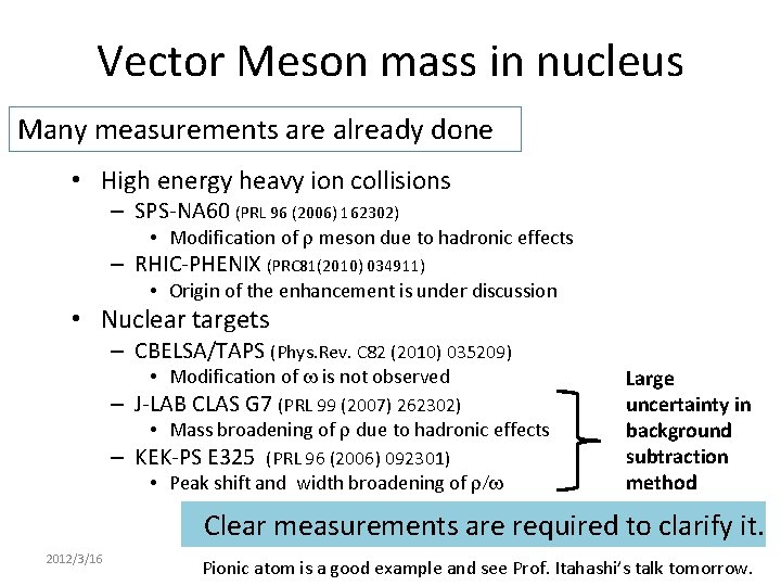 Vector Meson mass in nucleus Many measurements are already done • High energy heavy