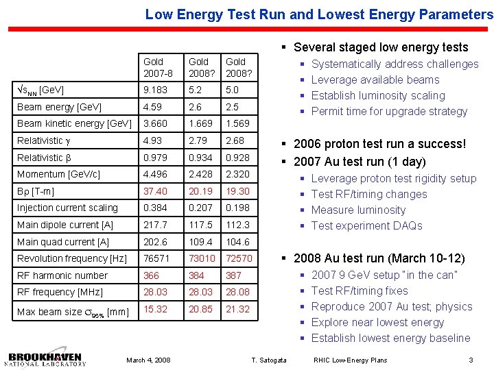 Low Energy Test Run and Lowest Energy Parameters § Several staged low energy tests