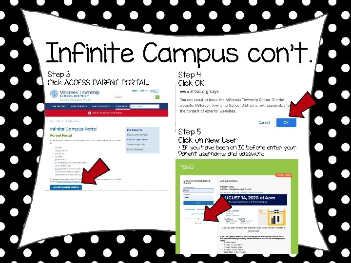 Infinite Campus con’t. Step 3 Click ACCESS PARENT PORTAL Step 4 Click OK Step