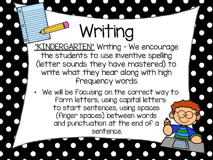 Writing “KINDERGARTEN” Writing – We encourage the students to use inventive spelling (letter sounds