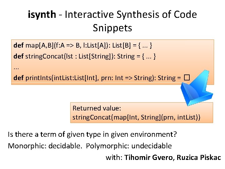 isynth - Interactive Synthesis of Code Snippets def map[A, B](f: A => B, l: