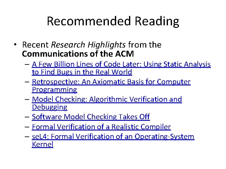 Recommended Reading • Recent Research Highlights from the Communications of the ACM – A
