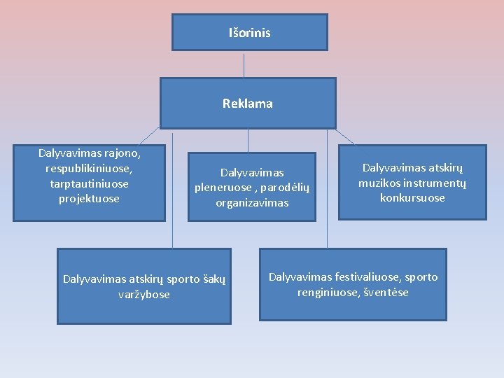 Išorinis Reklama Dalyvavimas rajono, respublikiniuose, tarptautiniuose projektuose Dalyvavimas pleneruose , parodėlių organizavimas Dalyvavimas atskirų