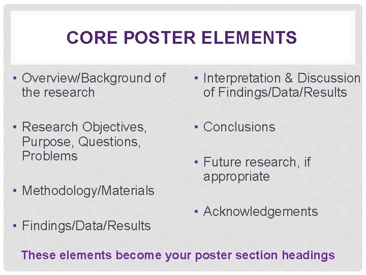 CORE POSTER ELEMENTS • Overview/Background of the research • Interpretation & Discussion of Findings/Data/Results