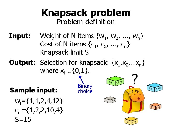 Knapsack problem Problem definition Input: Weight of N items {w 1, w 2, .