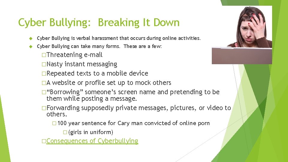 Cyber Bullying: Breaking It Down Cyber Bullying is verbal harassment that occurs during online Cyber Bullying: Breaking It Down Cyber Bullying is verbal harassment that occurs during online