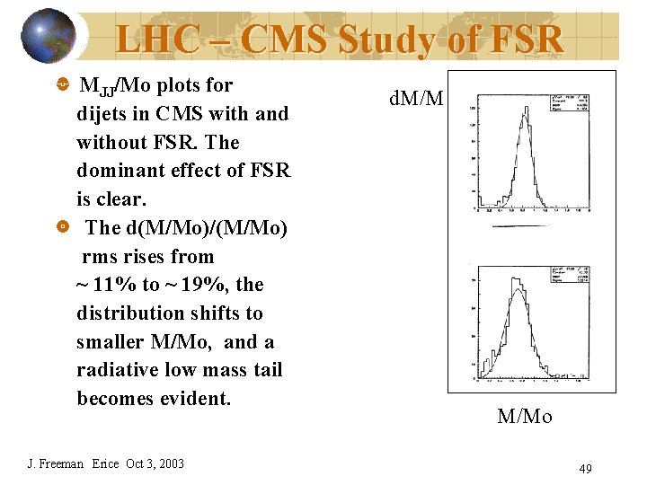 LHC – CMS Study of FSR MJJ/Mo plots for dijets in CMS with and