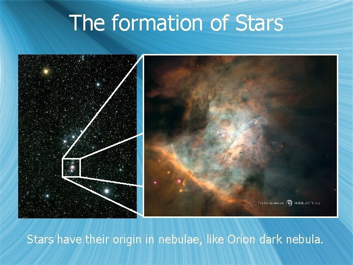 The formation of Stars have their origin in nebulae, like Orion dark nebula. 