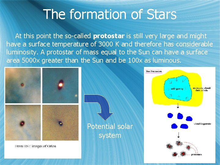 The formation of Stars At this point the so-called protostar is still very large