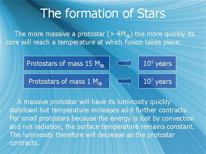 The formation of Stars The more massive a protostar (> 4 M ) the