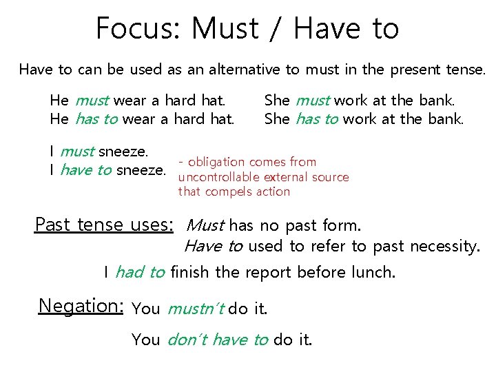 Focus: Must / Have to can be used as an alternative to must in