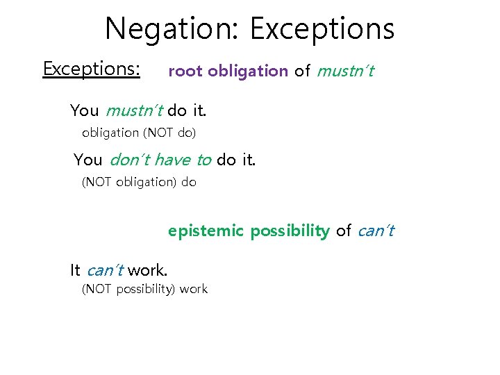Negation: Exceptions: root obligation of mustn’t You mustn’t do it. obligation (NOT do) You