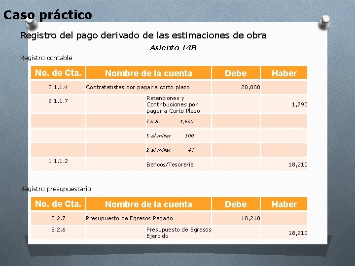 Caso práctico Registro del pago derivado de las estimaciones de obra Asiento 14 B