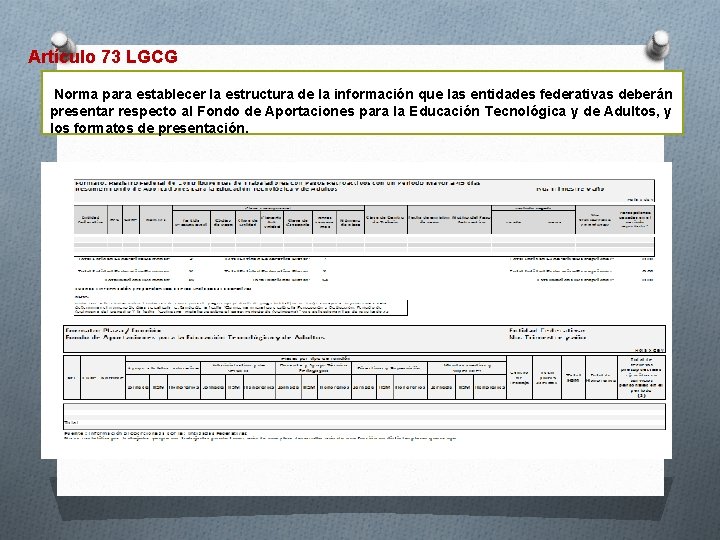 Artículo 73 LGCG Norma para establecer la estructura de la información que las entidades