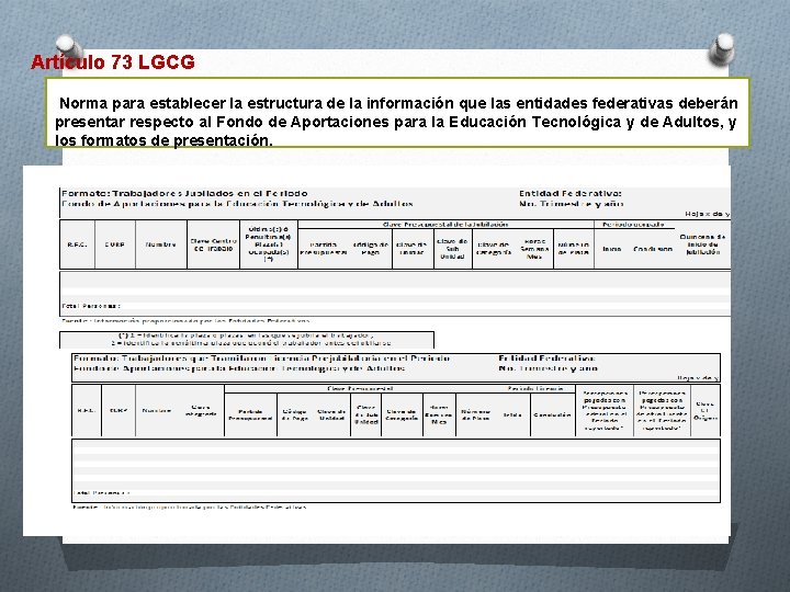 Artículo 73 LGCG Norma para establecer la estructura de la información que las entidades