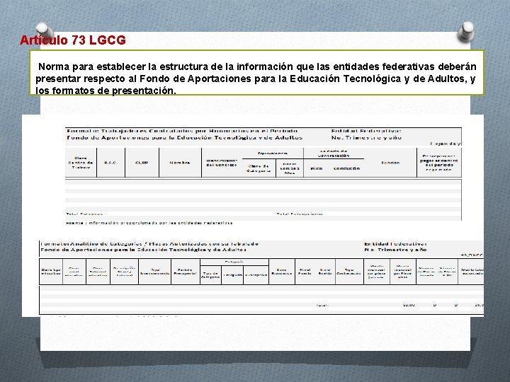 Artículo 73 LGCG Norma para establecer la estructura de la información que las entidades