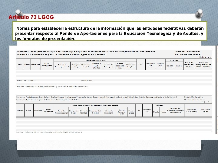 Artículo 73 LGCG Norma para establecer la estructura de la información que las entidades