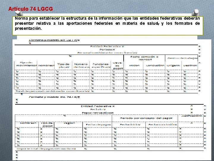 Artículo 74 LGCG Norma para establecer la estructura de la información que las entidades