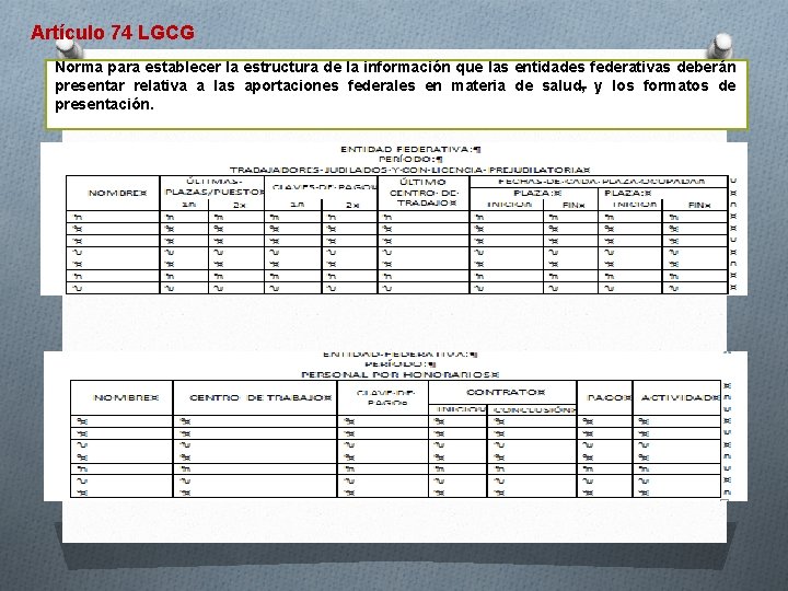 Artículo 74 LGCG Norma para establecer la estructura de la información que las entidades