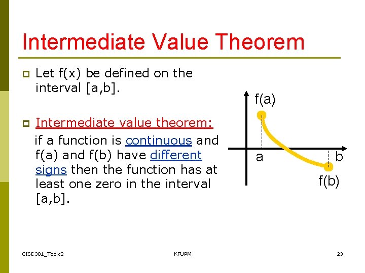 Intermediate Value Theorem p p Let f(x) be defined on the interval [a, b].