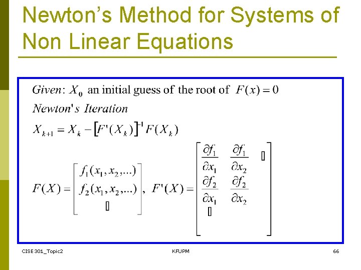 Newton’s Method for Systems of Non Linear Equations CISE 301_Topic 2 KFUPM 66 