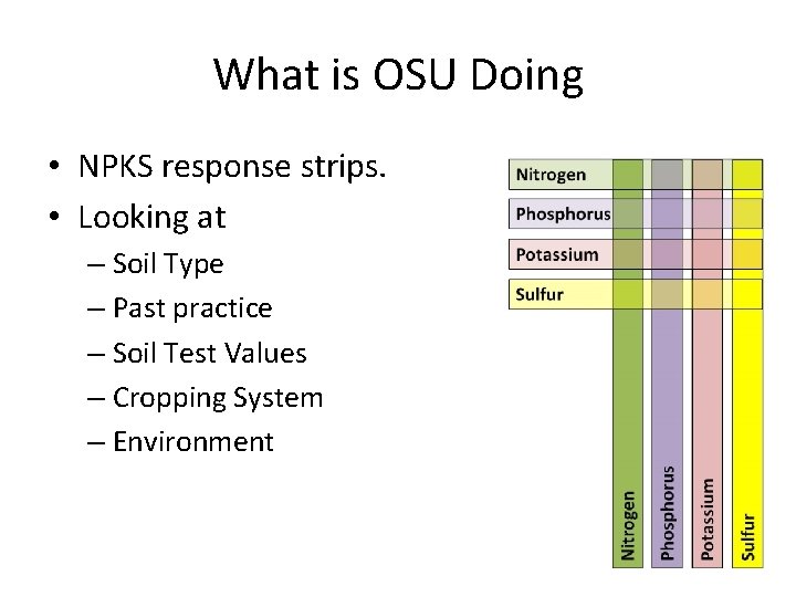 What is OSU Doing • NPKS response strips. • Looking at – Soil Type