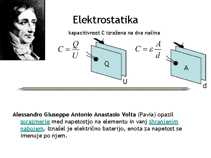Elektrostatika kapacitivnost C izražena na dva načina Q A U Alessandro Giuseppe Antonio Anastasio