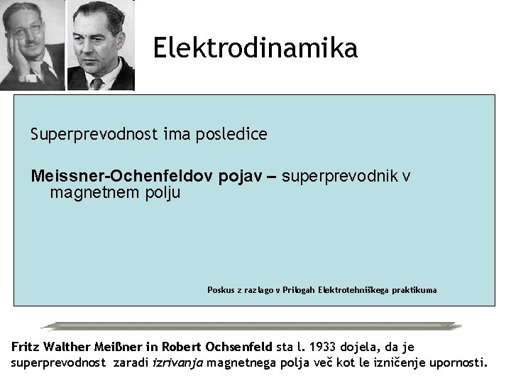 Elektrodinamika Superprevodnost ima posledice Meissner-Ochenfeldov pojav – superprevodnik v magnetnem polju Poskus z razlago