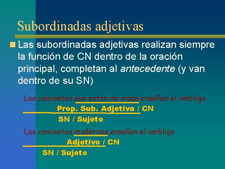 Subordinadas adjetivas n Las subordinadas adjetivas realizan siempre la función de CN dentro de