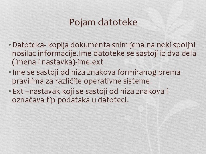 Pojam datoteke • Datoteka- kopija dokumenta snimljena na neki spoljni nosilac informacije. Ime datoteke