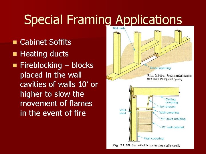 Special Framing Applications Cabinet Soffits n Heating ducts n Fireblocking – blocks placed in